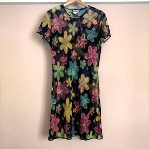 Aqua Blues Hippy 60's Style Flower Mesh Dress Black Size S